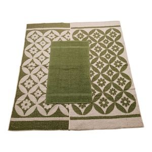 Vintage Green Bath Towel Set 3 Sculpted Fringe Olive Avocado Green White Retro